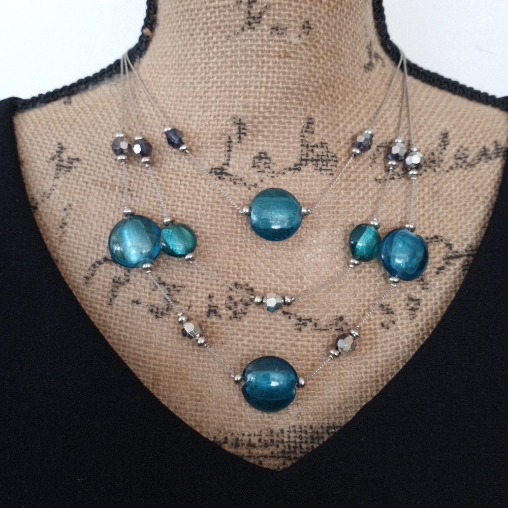 3 Strand Fixed Point Aquamarine & Slate Beaded Silver Statement Necklace